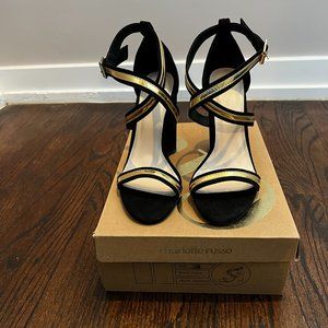 Black and Gold Block Heeled Sandals